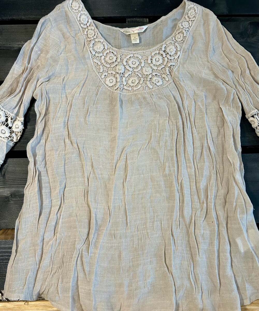 Krazy Kat Women's Beige Boho Tunic Blouse with Crochet Lace Neck and Sleeve Trim